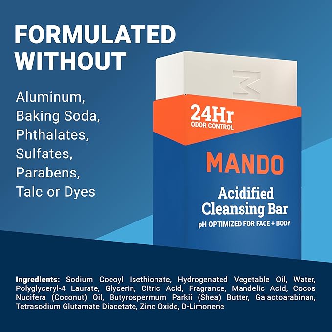 Mando Acidified Cleansing Bar - 24-Hour Odor Control - Removes Odor Better than Soap - Moisturizing Formula - SLS Free, Paraben Free - Safe For Sensitive Skin - Pro Sport