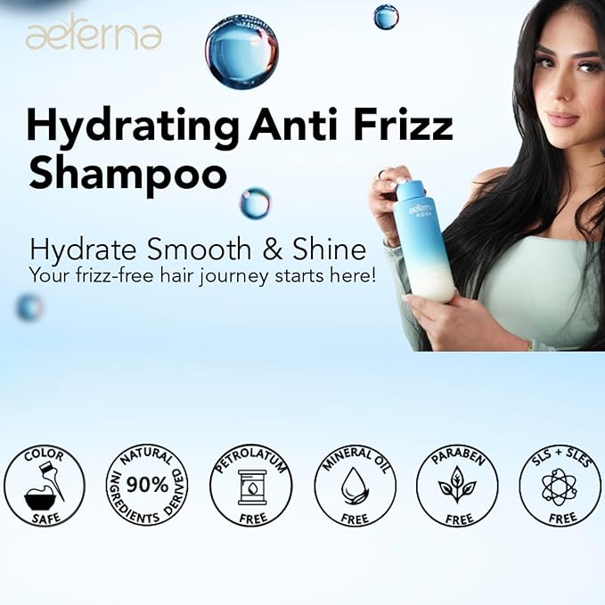 Aeterna AQUA Hydrating Anti-Frizz Shampoo – Color-Safe, Sulfate-Free – With Aloe Vera, Almond & Linseed Oil for Smooth, Strong & Healthy Hair – 250ml