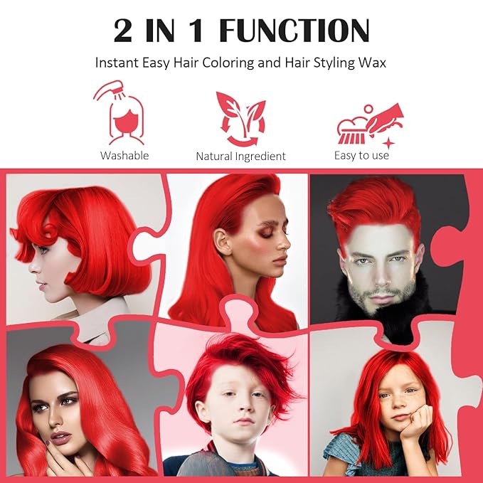 Red Temporary Hair Color Wax, Instant Natural Hairstyle Cream Dye, Washable Styling Pomadesfor Men Girls Women Youth, Disposable Coloring Mud for Party Cosplay DIY Halloween