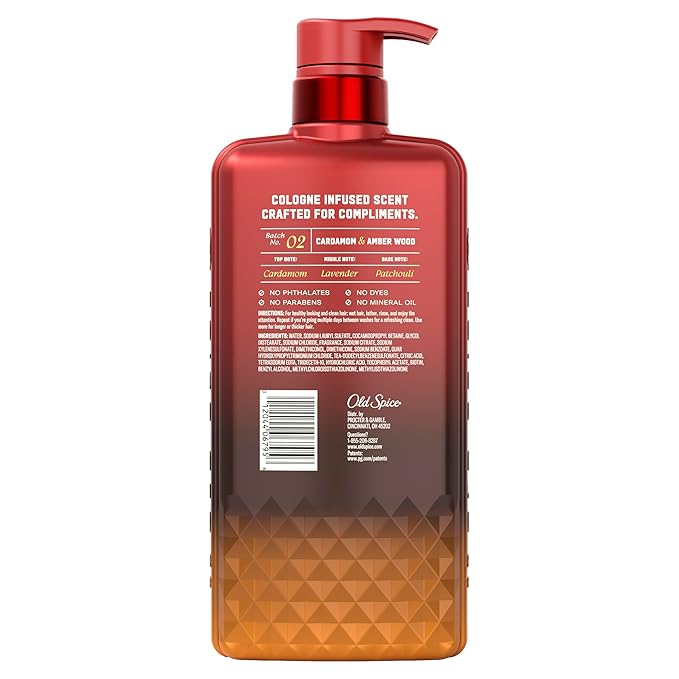 Old Spice Men's Shampoo, The Spice Alchemist Collection, Cologne-Infused Cardamom and Amber Wood Scent, Free of Parabens & Phthalates, 21.9 fl oz
