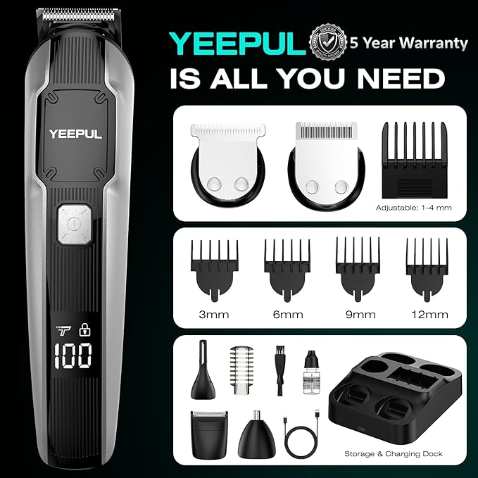 [2026 Upgrade] Beard Trimmer for Men, 12-in-1 Cordless Grooming Kit with Charging Dock, Professional Barber Hair Clippers, IPX7 Waterproof Body Groomer, Electric Razor for Nose/Ear/Mustache/Facial