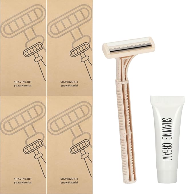 Eco-Friendly Wheat Straw Disposable Shave Kit - 50 Pcs Wheat Straw Razors and Shaving Cream(10g) Bulk, Individually Sealed for Hotel, Airbnb, Camping, Travel, Homeless, Shelters and Charities