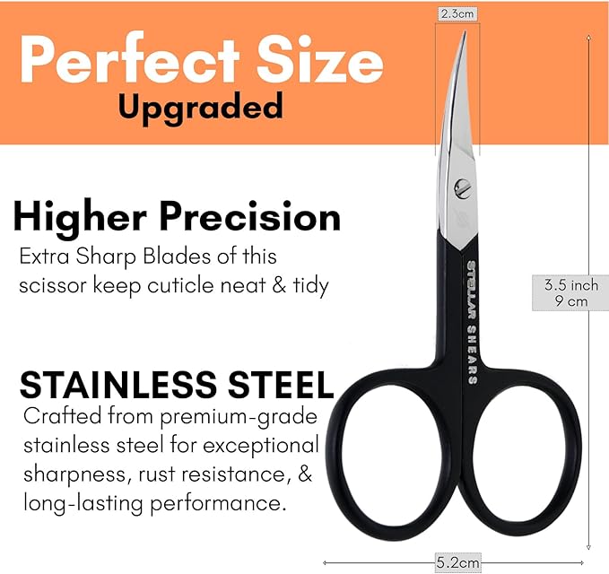 Precision Cuticle Scissors – Extra Sharp Curved Stainless Steel Blades for Nail, Eyebrow & Dry Skin Trimming – Professional Manicure & Pedicure Scissors for Women & Men (Black)