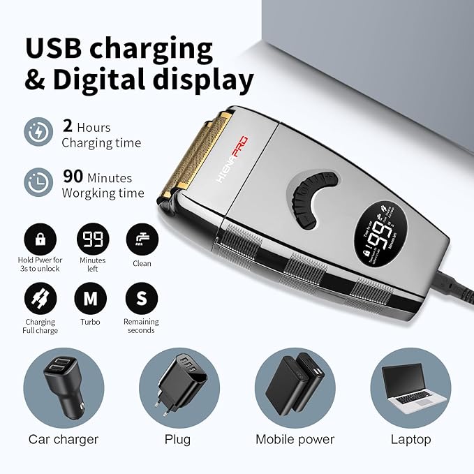 HIENA PRO Reciprocating Foil Shaver for Men, Professional Bald Precision Trimmer and Beard Trimmer, Electric Foil Shaver with USB Charging, Grooming Tools, Gifts for Men(Silver)