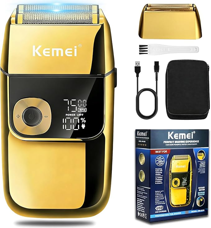 KEMEI Electric Razors for Men, LCD Display Cordless Men's Razors, USB Rechargeable with Pop-up Beard Trimmer Best Worldwide Travel Gift, Model KM 2028, Gold