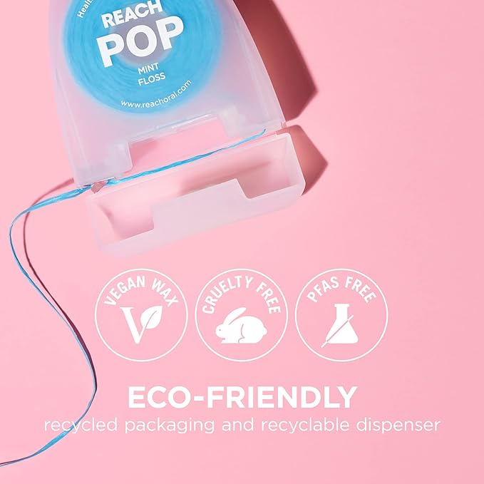 REACH POP Dental Floss, Mint, Plaque Remover for Teeth, Shred Resistant, Vegan Wax, Cruelty Free, Eco Friendly Packaging, Oral Care, PFAS Free, for Adults & Kids, 6 Pack, 54.6 yd