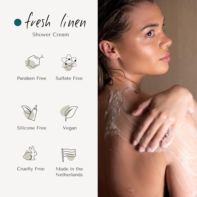 Fresh Linen Shower Cream | Dutch Made & Formulated | Natural, Vegan, Paraben Free & Cruelty Free| Hydrating Body Wash for All Skin Types |sulfate Silicone free | Jasmine & Rose Scent | 200 ml