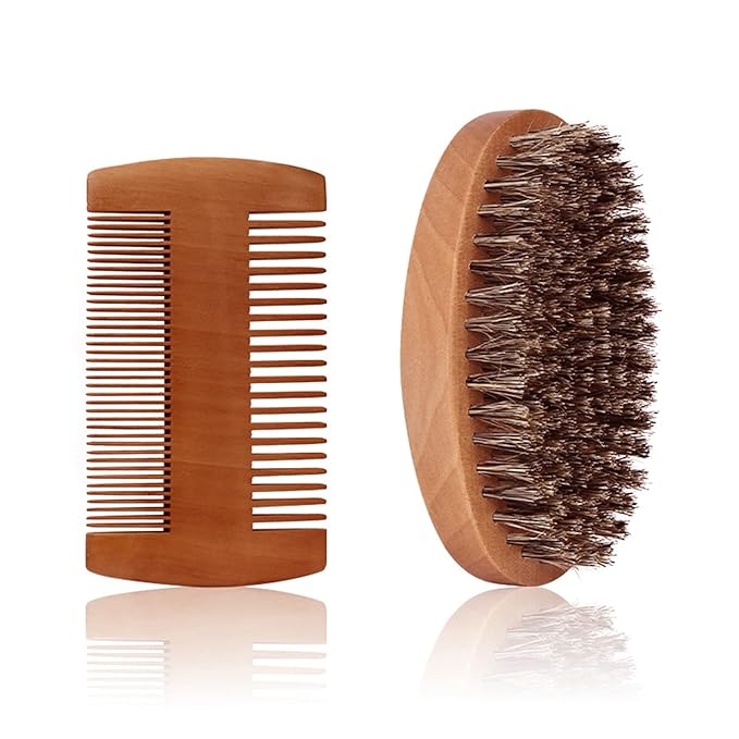 Fan Wu Beard Brush and Dual-Sided Wood Comb Set – Natural Boar Bristle Grooming Kit with Velvet Travel Pouch, Anti-Static for Beard, Mustache & Hair – Gift for Men