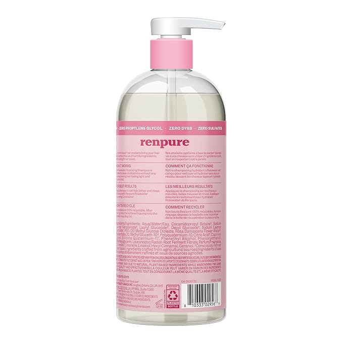 RENPURE Plant-Based Rose Hydrating Shampoo for Dry Hair - Sulfate-Free, Paraben-Free, Cruelty-Free & Color-Safe - Naturally Moisturizing & Refreshing for Women