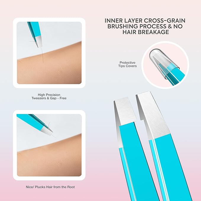 MARKHOR® Crystal Cyan Eyebrow Tweezers for Women Facial Hair, Splinter and Ingrown Hair Removal Tweezers Set, Professional Pointed and Slant Tweezers for Eyebrows, Precision Tweezers for Eyebrows