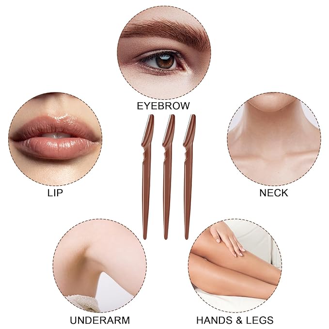 HFATMOS 12 Pcs Eyebrow Razors, Face Razors Multipurpose, Exfoliating Dermaplaning Tools, Eyebrow Trimmers Shaver with Protective Cover, Facial Hair Removal for Women Men Body Use (Brown)