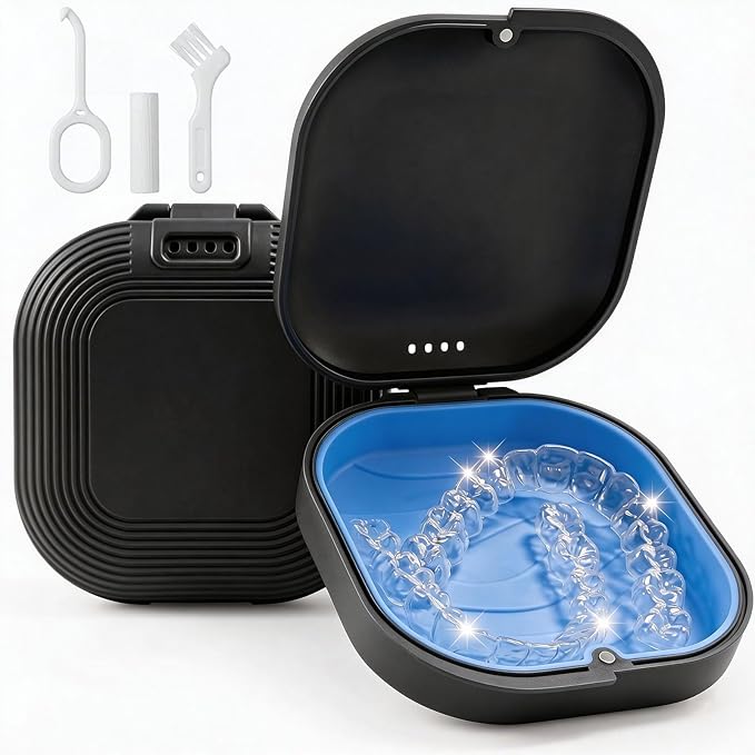 Retainer Case with Vent Holes, Aligner Case for Invisalign, Portable Aligner Kit, Removable Silicone Liner, Orthodontic Storage Box Secure Magnetic Closure for Travel - Black
