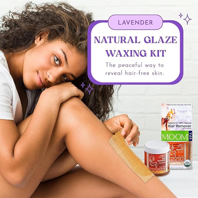 MOOM Organic Sugar Waxing Kit with Lavender & Chamomile - Natural Sugar Hair Removal Glaze with 18 Hair Wax Strips & 4 Applicator Sticks for Face & Body 6 oz.1 Pack