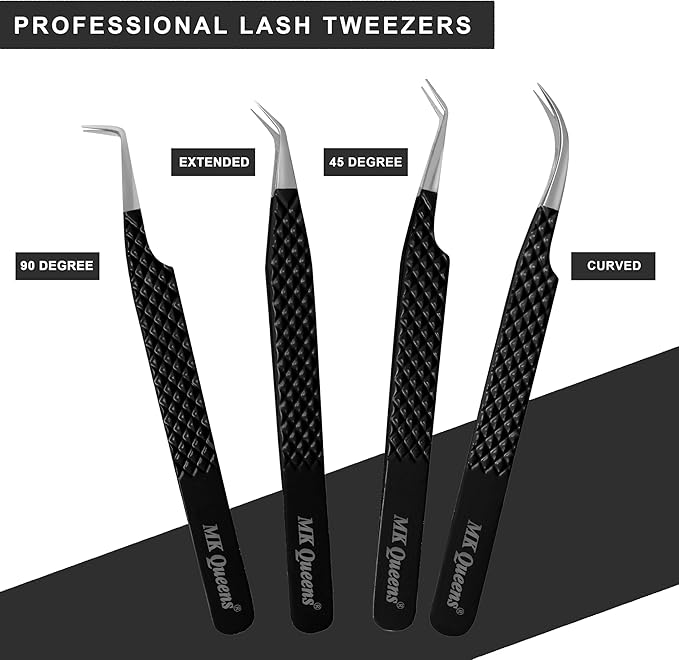 Fiber Tip Lash Tweezers for Eyelash Extensions with Diamond Grip, Set of 4 Precise Tips Japanese Steel for Classic, Volume & Mega Volume Lashes, Ideal Tweezers Set for Lash Artists (4, Black)