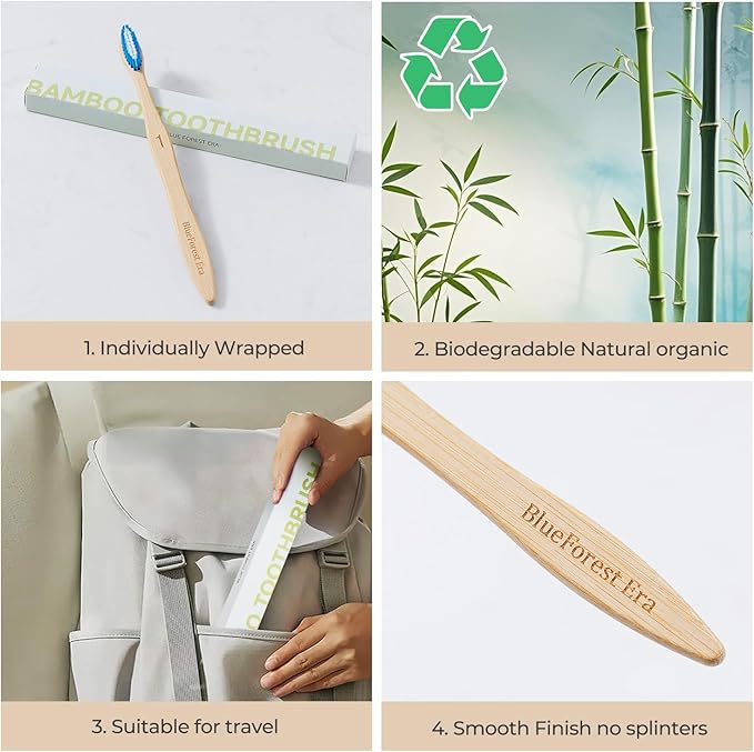 Bamboo Toothbrushes 10 Count, Soft Plant-Based Bristles, Natural Wooden Toothbrush for Adults, Biodegradable Travel Tooth Brushes