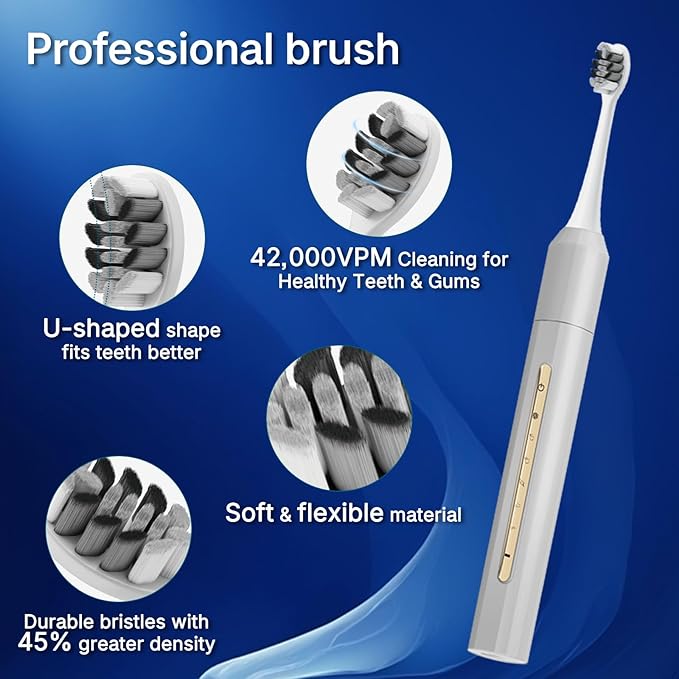 Sonic Electric Toothbrush for Adults & Kids - 10 Brush Heads, 90-Day Battery, 5 Modes, 2-Min Timer, IPX8 Waterproof, Rechargeable & Travel-Friendly (Silver)
