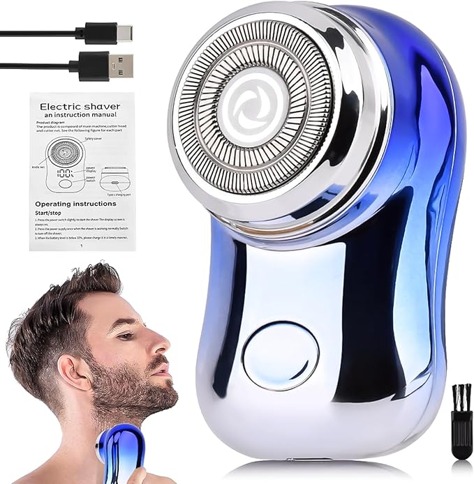Mini Travel Electric Shaver, Portable Pocket Size Rechargeable Shaving Razor Lightweight Razor with Battery Power Display Wet & Dry Rotary for Teen Office Business(Gradient Blue)