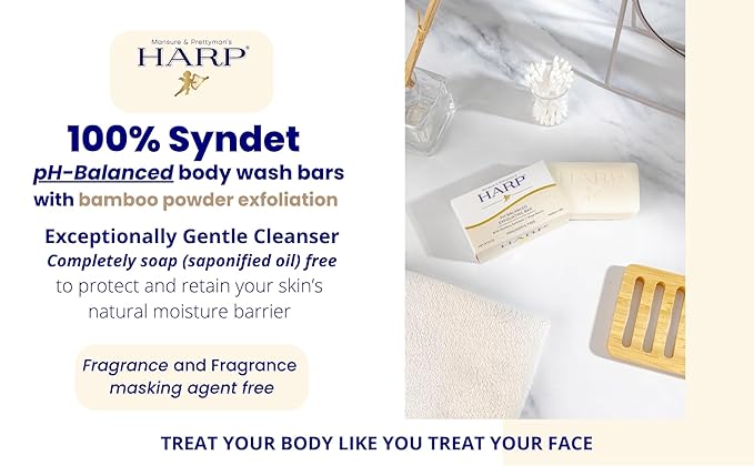 HARP pH-Balanced (5.0-6.0) Exfoliating Body Wash Bar - FRAGRANCE FREE. Bamboo Powder Exfoliation -the perfect consistency. Soap/Lye/Preservative/Dye/Masking agent-Free. Non-comedogenic. 5oz