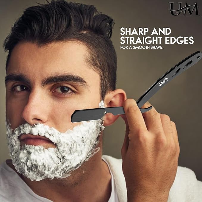 UM Supplies Straight Razors for Men – Professional Barber Straight Edge Razor Kit with 20 Replaceable Insert Single Edge Blades - Navajas Para Barbero