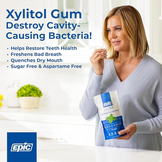 Epic 100% Xylitol Spearmint Chewing Gum - Sugar Free, Aspartame Free Dental Gum - Supports Oral Health & Fresh Breath - 12 Pieces (Pack of 12)