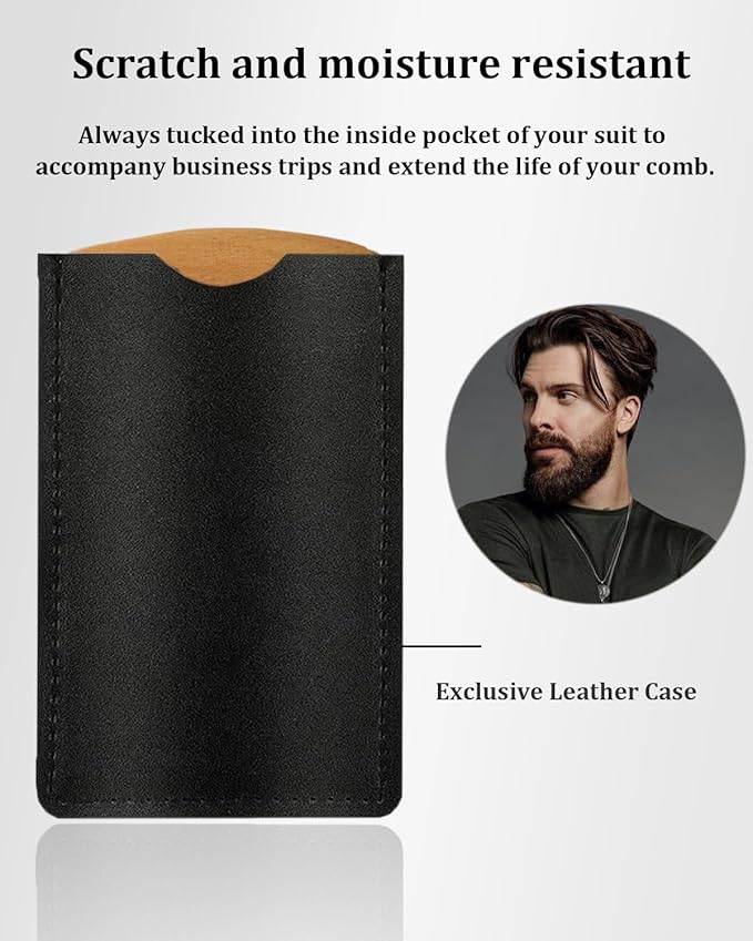 4 Pack Double-Sided Pocket Comb, Wooden Dual Action Beard and Mustache Comb Set with Leather Cases for Beards and Mustaches, Everyday Styling Comb For Detangling Knots, Beard Care & Grooming