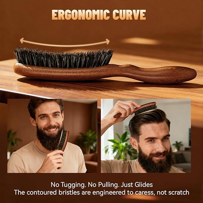 Hair and Beard Brush Kit for Men with Natural Boar Bristles and Sapele Wood Ergonomic Handle, Mustache Comb Grooming Gift for Thin Fine Hair Growth, Detangle, Smoothing, Taming, 9.1 Inches