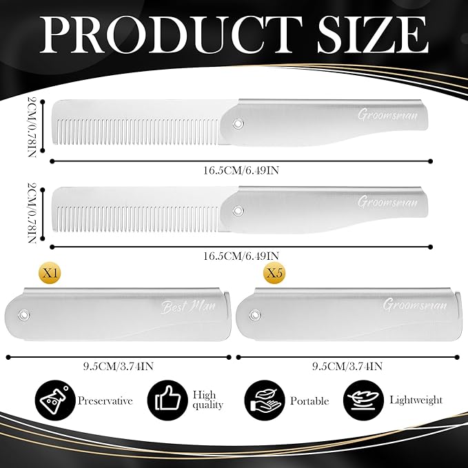 6 Pcs Groomsmen Gifts Folding Beard Comb for Men with Opener Groomsmen Gift Set of 6 Best Man Proposal Gift Combs Hair Mustache for Wedding Party Favor Grooming Detangling(Silver,Stainless Steel)