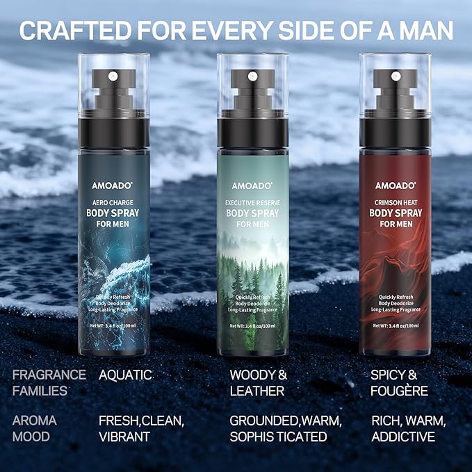 Men’s Body Spray Set – Body Spray for Men,Deodorizing Body Mist Refreshing Spray, Aluminum-Free Cologne Gift Set for Him, Travel Size Fresh, Oriental & Woody Scents,Each 3.4 fl oz