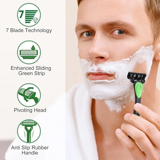 34 Pcs Shaving Kit for Men Disposable Men's Razors Set Refillable 7-blade Razors Travel Shave Set Designed for Sensitive Skin, 2 Handle and 32 Razor Blade Refills