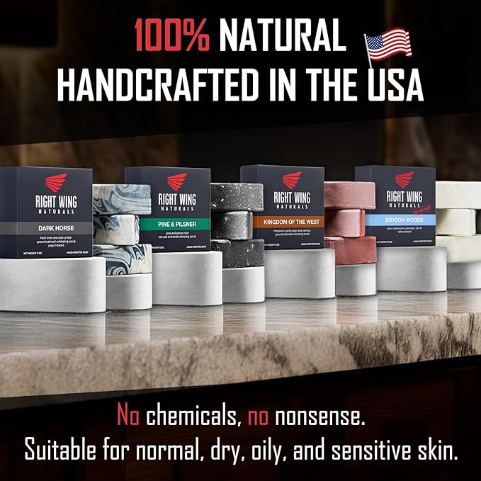 Right Wing Naturals Bar Soap Gift Set for Men | Handcrafted Cold-Pressed Soap | Handmade Organic Soap for Men | Most Popular Flavors | Natural Scented Men’s Bar Soap| Pack of 4 Bars (The Frontiersman)