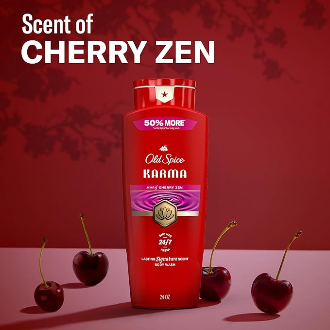 Old Spice Body Wash for Men, 24/7 Shower Fresh & Clean w/Daily Use, Lasting Signature Scent, Refreshing Lather, Moisturizing Formula, Karma with Cherry Spice, Black Pepper, & Sandalwood Scent, 24 oz