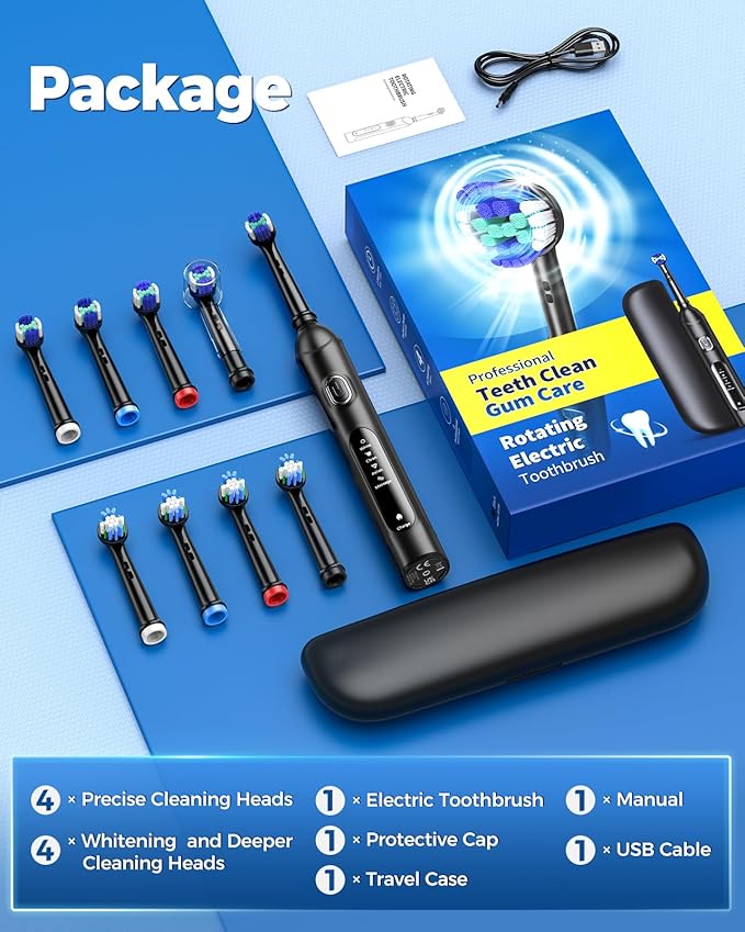 TEETHEORY Rotating Electric Toothbrush for Adults with 8 Brush Heads (2 Types), 4 Modes Deep Clean Electric Toothbrush with Rechargeable Power and 2 Min Smart Timer (1- Black, with travelcase)