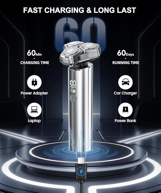 Electric Razor for Men，10,000RPM High-Speed Motor, IPX8 Waterproof, USB Fast Charging, Quick Charge & Travel Lock，Upgraded Mirror Silver
