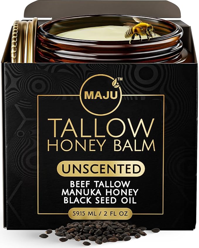 MAJU Beef Tallow Manuka Honey Balm, Unscented (2 oz), Grass-Fed Beef Tallow for Skin with Organic Black Seed Oil, Manuka Honey and Organic Beeswax, Skin and Face Moisturizer for Deep Hydration