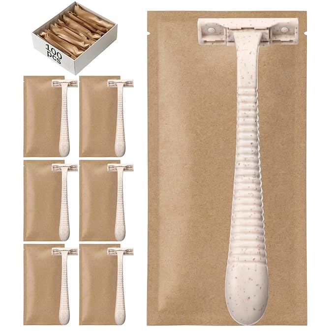 LemonRoad 100 Pcs Biodegradable Disposable Razors Bulk Individually Wrapped for Women Men Portable Twin Blade Wheat Straw Shavers for Hotel, Homeless, Shelter, Charity, Camping and Travel