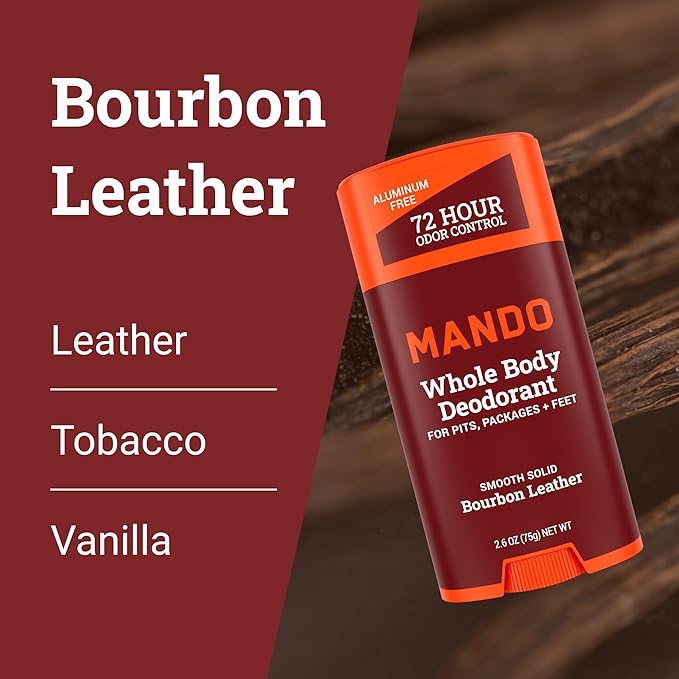 Mando Whole Body Deodorant For Men - Smooth Solid Stick - 72 Hour Odor Control - Aluminum Free, Baking Soda Free, Skin Safe - 2.6 Ounce (Pack of 2) (Bourbon Leather & Pro Sport)