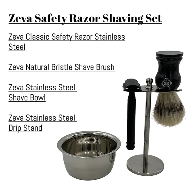 Men Safety Razor Shaving Gift Kit | Vintage Wet Shave Grooming Set for Men - Includes: Safety Razor, Hair Shaving Brush, Drip Shave Stand, Shave Soap, Bowl & Double Edge Razor Blades (Metallic)