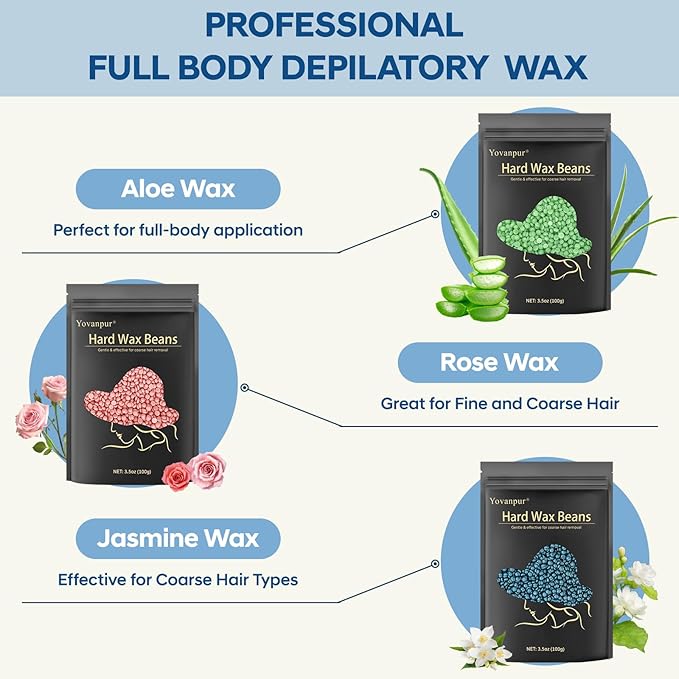 Hard Wax Beads, Yovanpur 10.5oz Waxing Beans for Hair Removal, Brazilian, Bikini, Face, Eyebrows, Underarms, Chest, Back, Legs, Wax Refill for Women & Men, Pack of 3