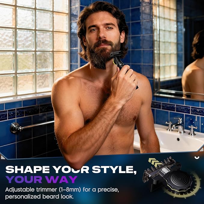 Electric Razor for Men 5 in 1, Beard Trimmer Kit with Adjustable 1–8mm Comb, Body Shaver, Nose & Ear Hair Trimmer, IPX7 Waterproof, Type-C Fast Charge, LED Display, 120-Min Cordless Use