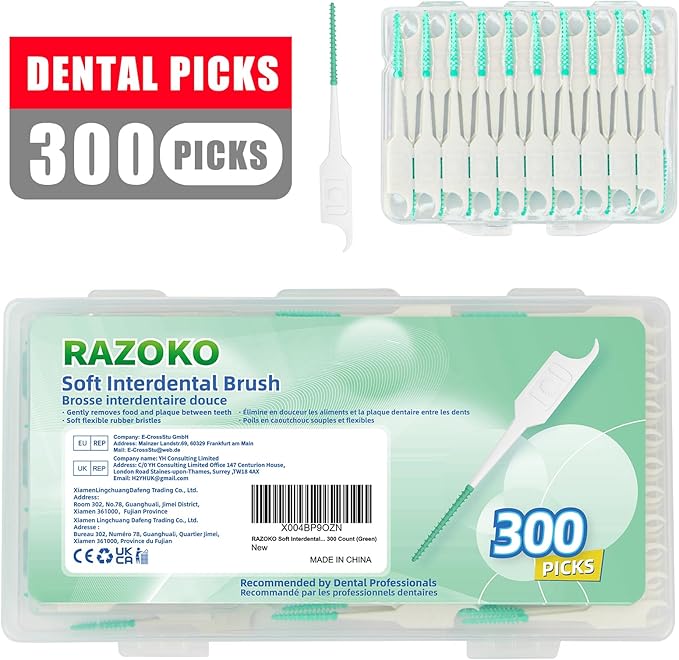 RAZOKO Soft Interdental Brushes Original, Dental Picks for Cleaning Teeth, Disposable Interdental Brushes, with Convenient Carry Case (Green, 300 Count)