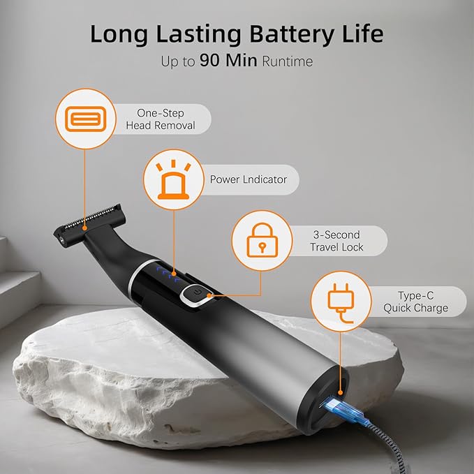 RUIM 3-in-1 Men's Body Groomer - Waterproof Electric Shaver for Groin, Chest, Back & Body Hair, with Nose & Eyebrow Trimmer Attachments for Painless Wet/Dry Use