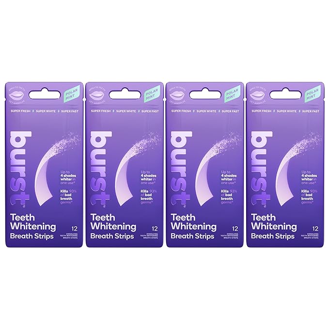 Burst Teeth Whitening Breath Strips (Polar Mint/4 Pack) | Kills 93% of Bad Mouth Germs | Up to 4 Shades Whiter in One Use | Easy to Apply/Quick Dissolving