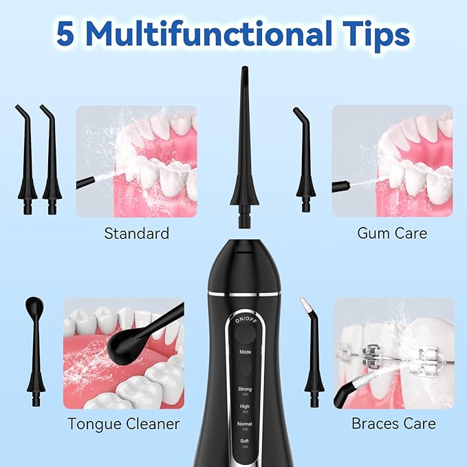 Cordless Portable Water Flosser with 300ML Tank: Rechargeable Oral Irrigator with 5 Tips for Travel, Braces Care and Sensitive Gums, IPX7 Waterproof Teeth Cleaning Device(Black)