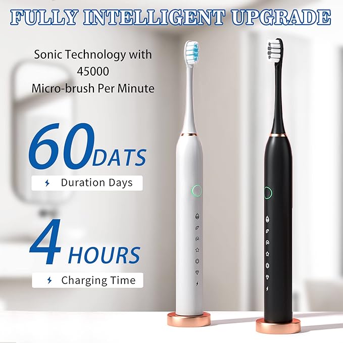 Electric Toothbrush with 8 Brush Heads, 42000vpm 6 Modes IPX7 Waterproof, Soft Electric Toothbrush for Adults - 2 Pack, Black+White