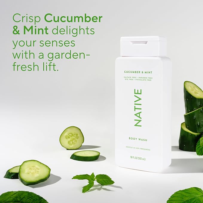 Native Body Wash Contains Naturally Derived Ingredients | For Women & Men, Sulfate, Paraben, & Dye Free Leaving Skin Soft and Hydrated | Cucumber & Mint 18 oz