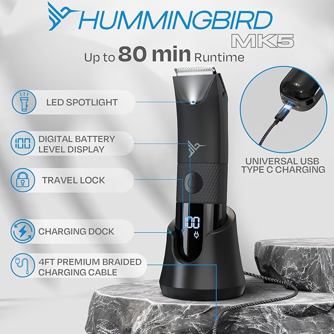 HUMMINGBIRD MK5 Pubic Hair Trimmer for Men – Ceramic Blade, No Nick, No Cut, Ball Trimmer, Waterproof, USB-C Rechargeable, LED Display, Charging Dock & Travel Pouch, Body Trimmer & Ball Shaver