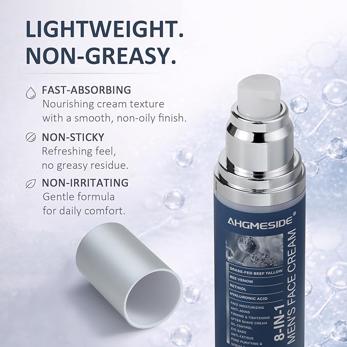 8-in-1 Face Cream for Men,Anti-Aging Daily Moisturizer with Hyaluronic Acid & Shea Butter,Helps Smooth Wrinkles & Reduce Puffiness, Lightweight Men's Formula, 1.7 oz