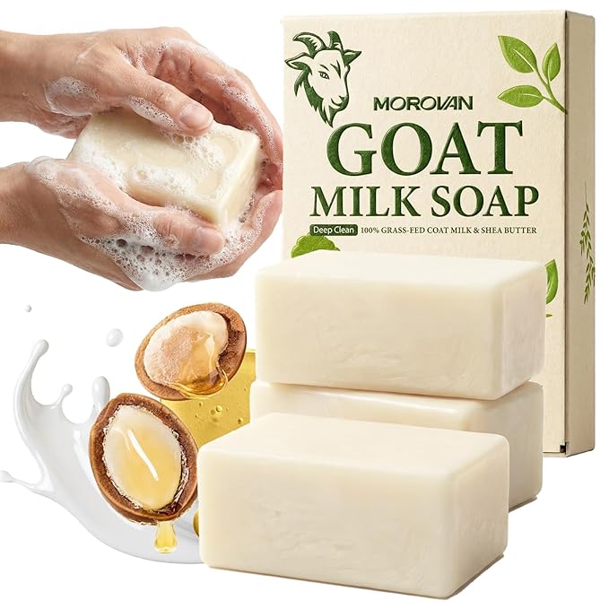 Morovan Goat Milk Soap Natural Moisturizing Formula for Eczema and Dry Skin Relief Body Cleanser for Men and Women with Sensitive Skin 3 Bars Value Pack