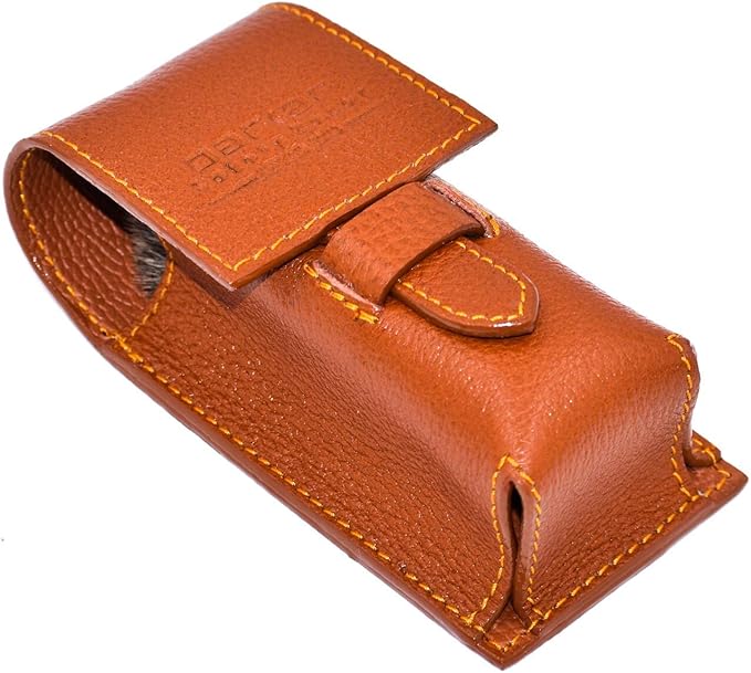Parker Genuine Leather Travel Shaving Brush Case – Saddle Brown, Handmade Protective Cover for Standard Shave Brushes