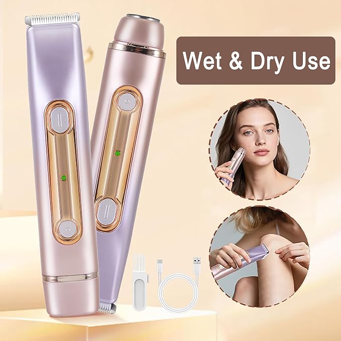 2 in 1 Bikini Trimmer for Women Dual Head Electric Razor IPX7 Waterproof Wet/Dry Use Women Electric Shaver, Body Facial Hair Remover for Bikini Legs Arm Underarm, Rechargeable